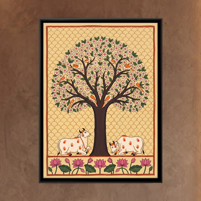 Cows Beneath the Tree of Life - framed canvas art hung on a wall