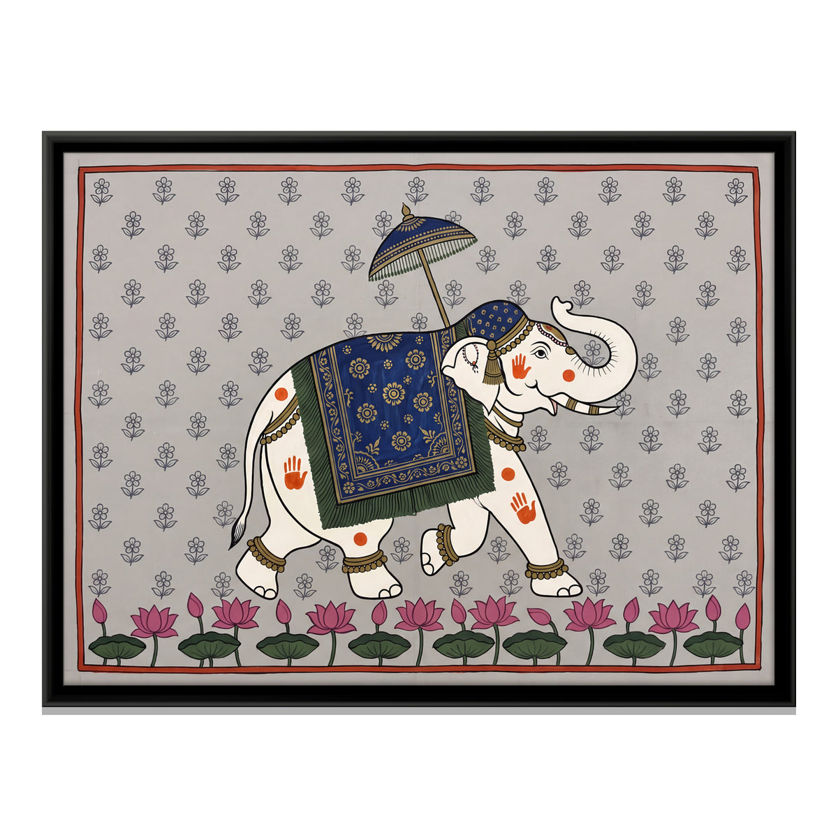 Adorned Elephant with Parasol - framed canvas print, front view