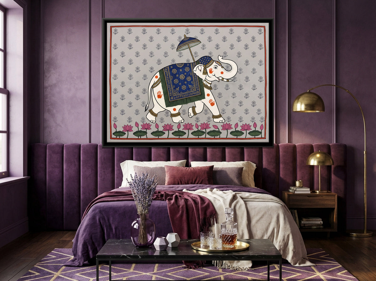 Adorned Elephant with Parasol - canvas art shown in a styled room
