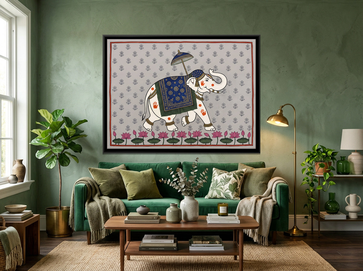 Adorned Elephant with Parasol - canvas art shown in a second room setting