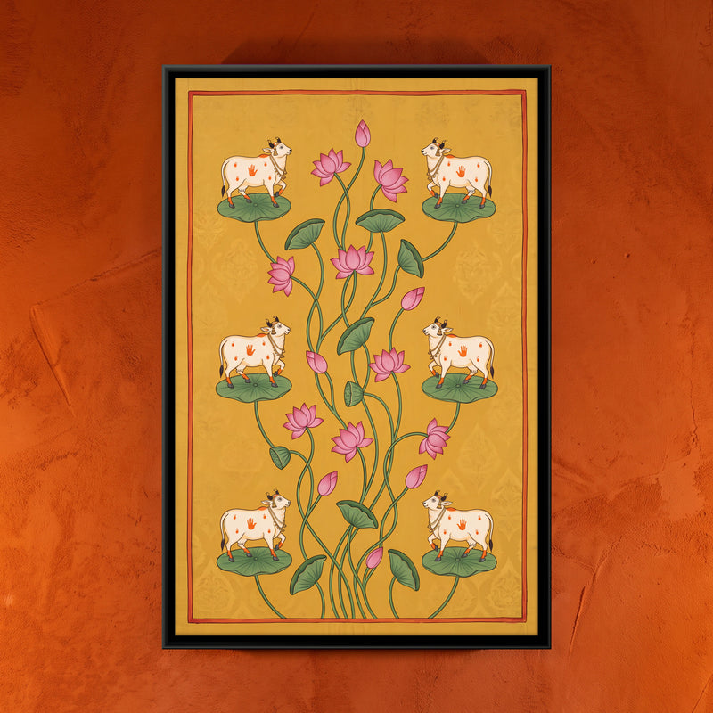 Cows Among Lotus Vines - framed canvas art hung on a wall