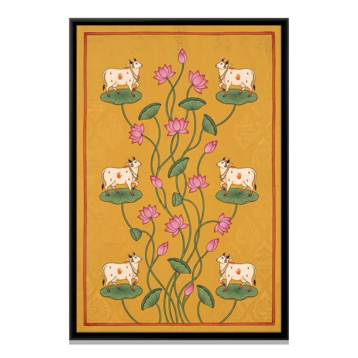 Cows Among Lotus Vines - framed canvas print, front view