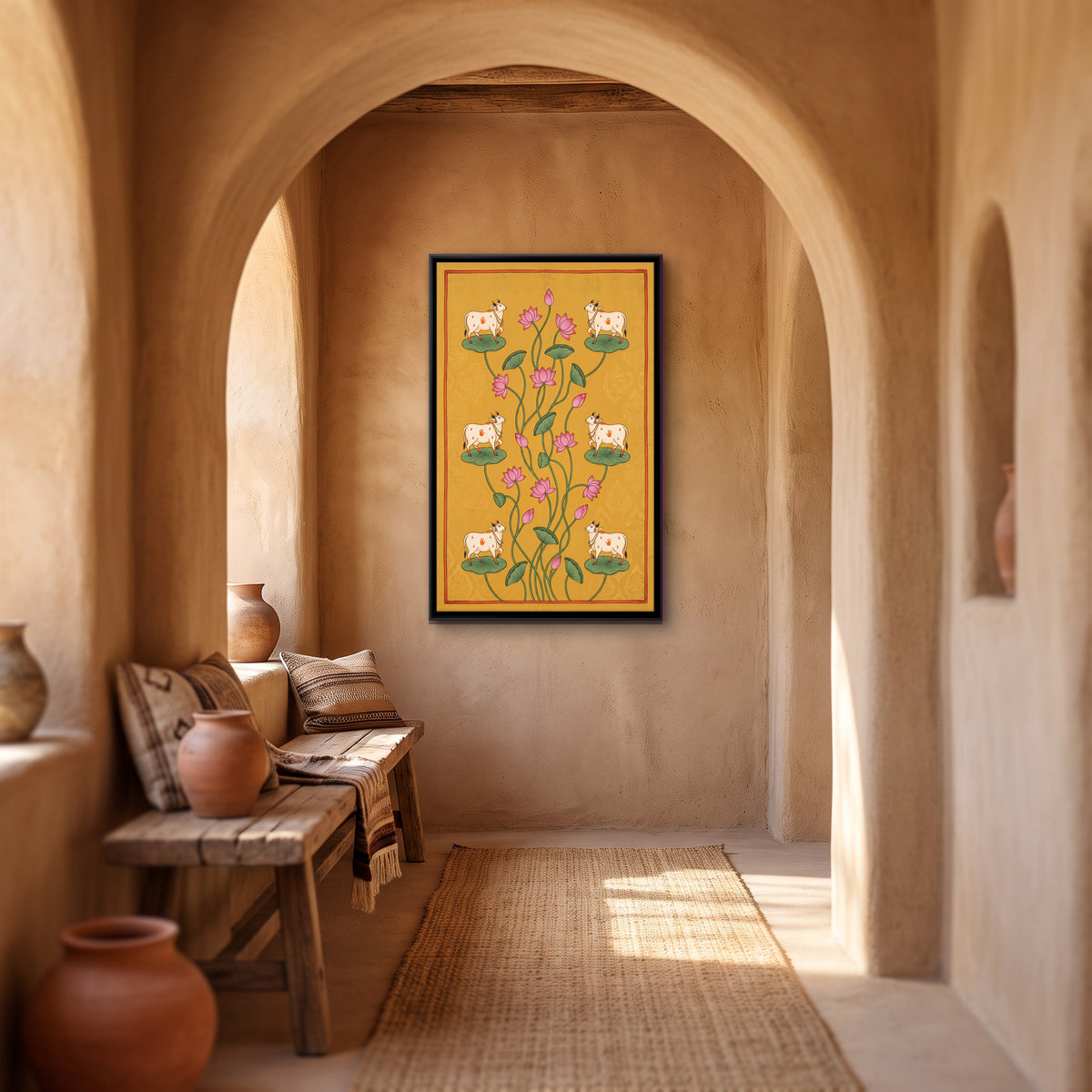 Cows Among Lotus Vines - canvas art shown in a styled room