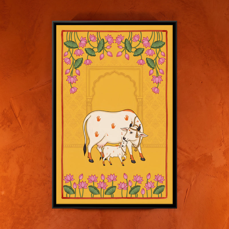 Gau Mata with Her Calf - framed canvas art hung on a wall