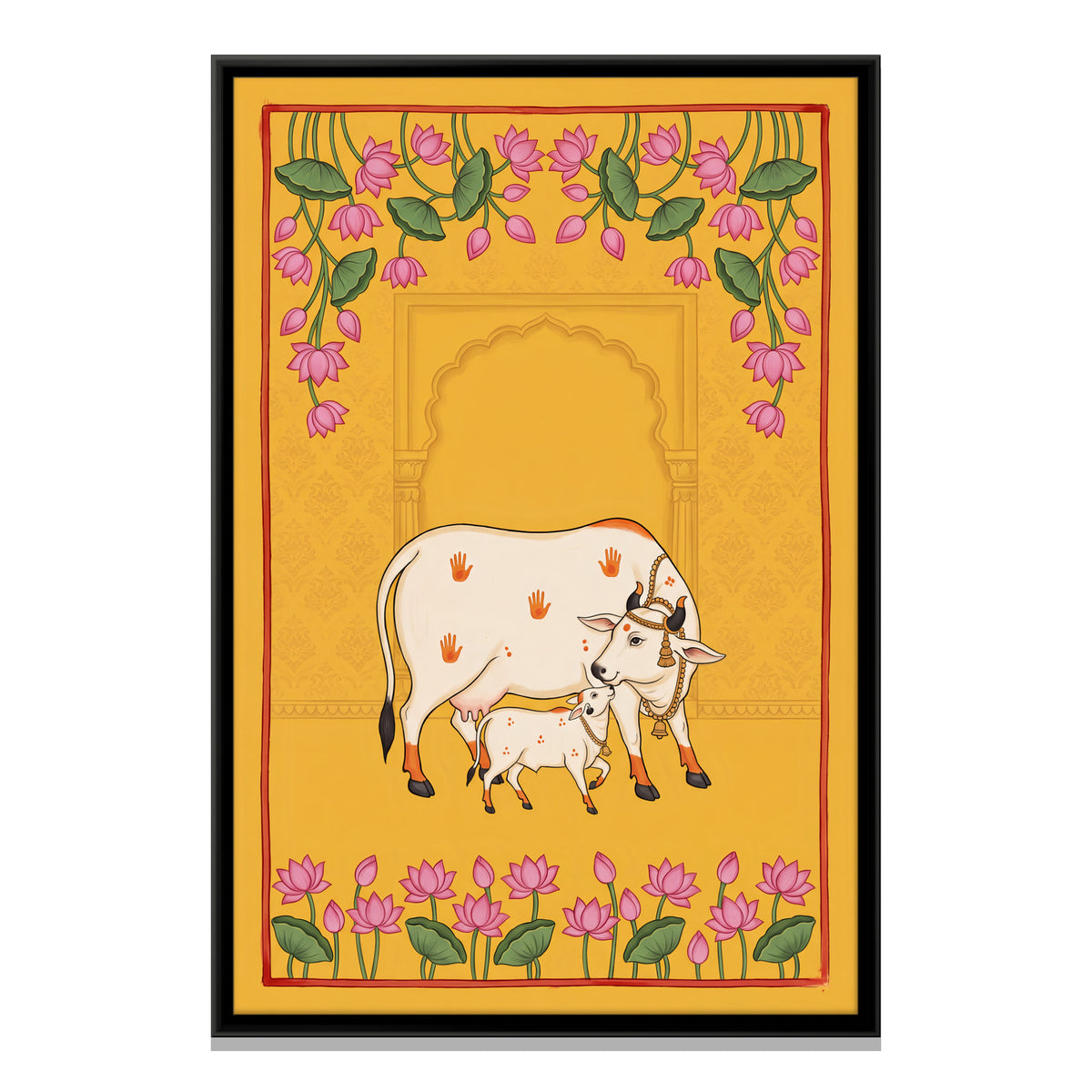 Gau Mata with Her Calf - framed canvas print, front view