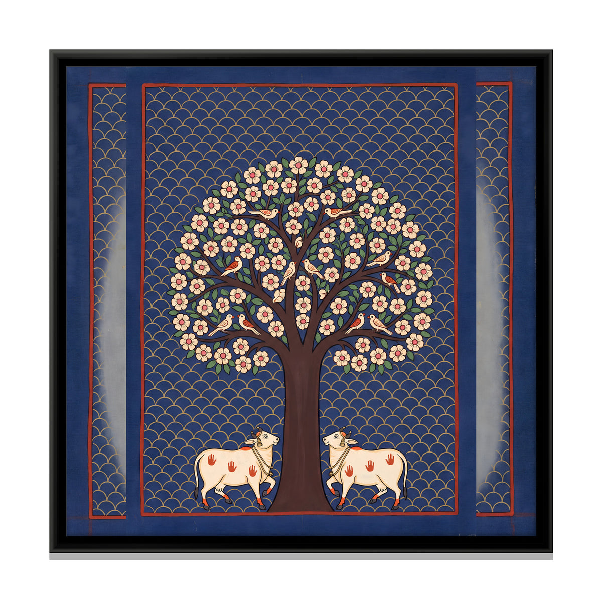 Tree of Life with Cows - framed canvas print, front view