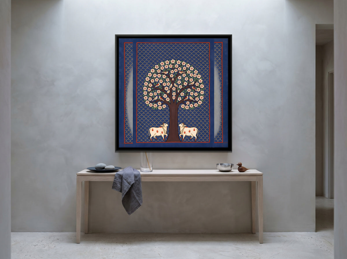 Tree of Life with Cows - canvas art shown in a styled room