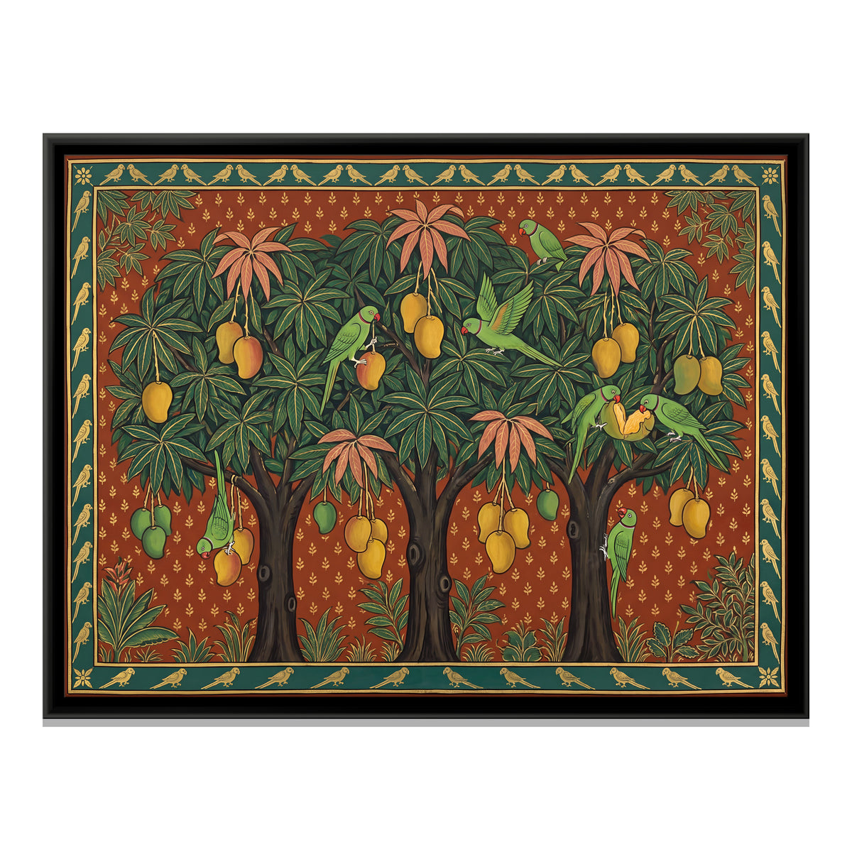 Parrots in a Mango Grove - framed canvas print, front view