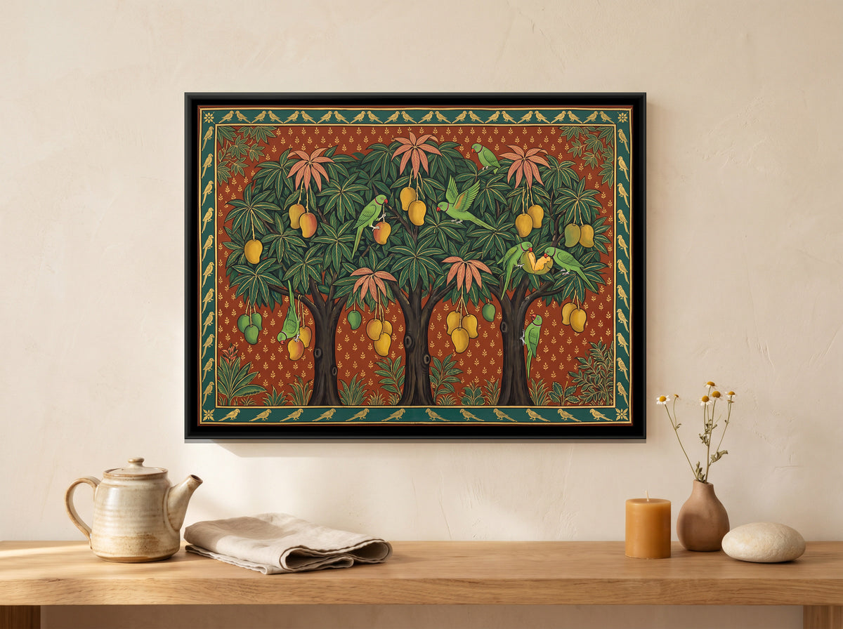 Parrots in a Mango Grove - canvas art shown in a second room setting