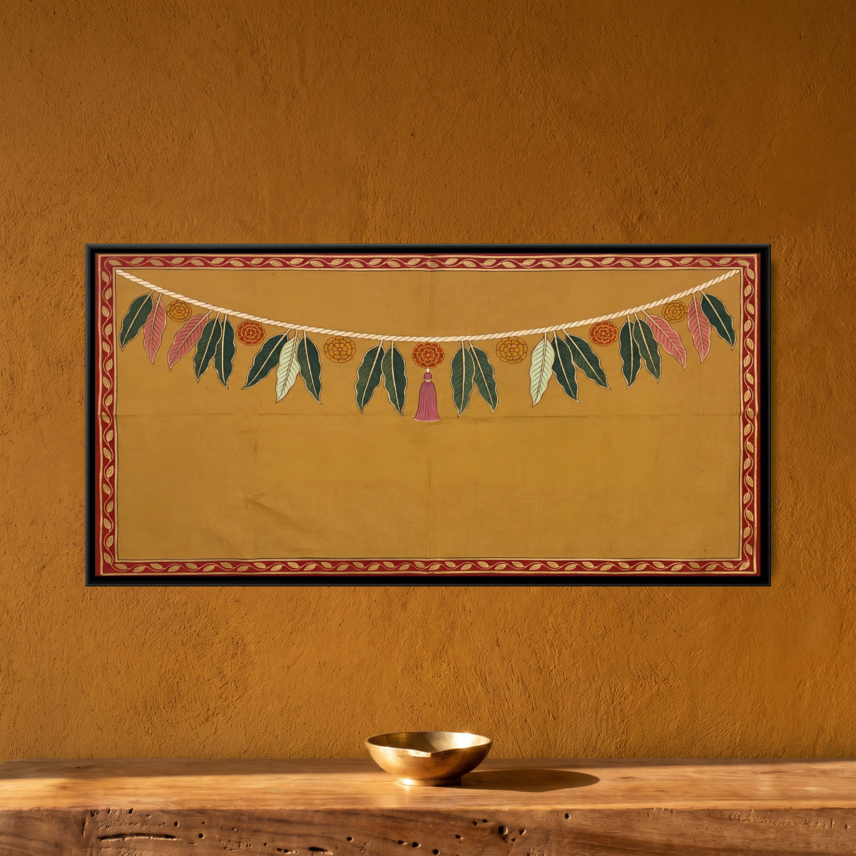 Mango Leaf and Marigold Toran - framed canvas art hung on a wall
