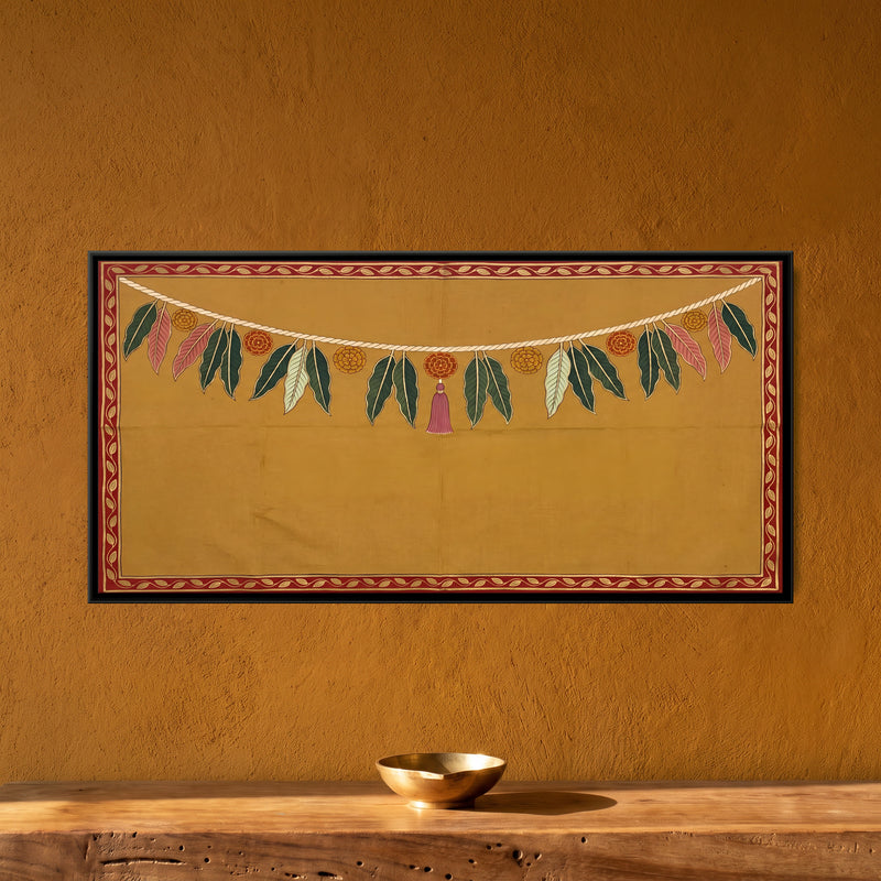 Mango Leaf and Marigold Toran - framed canvas art hung on a wall