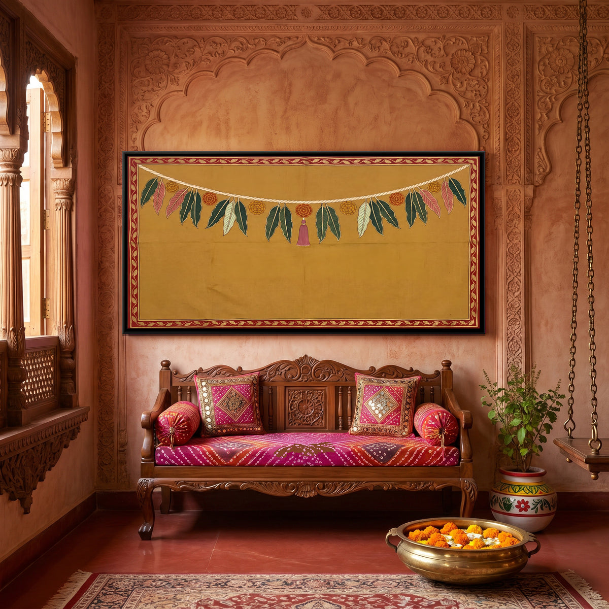 Mango Leaf and Marigold Toran - canvas art shown in a styled room