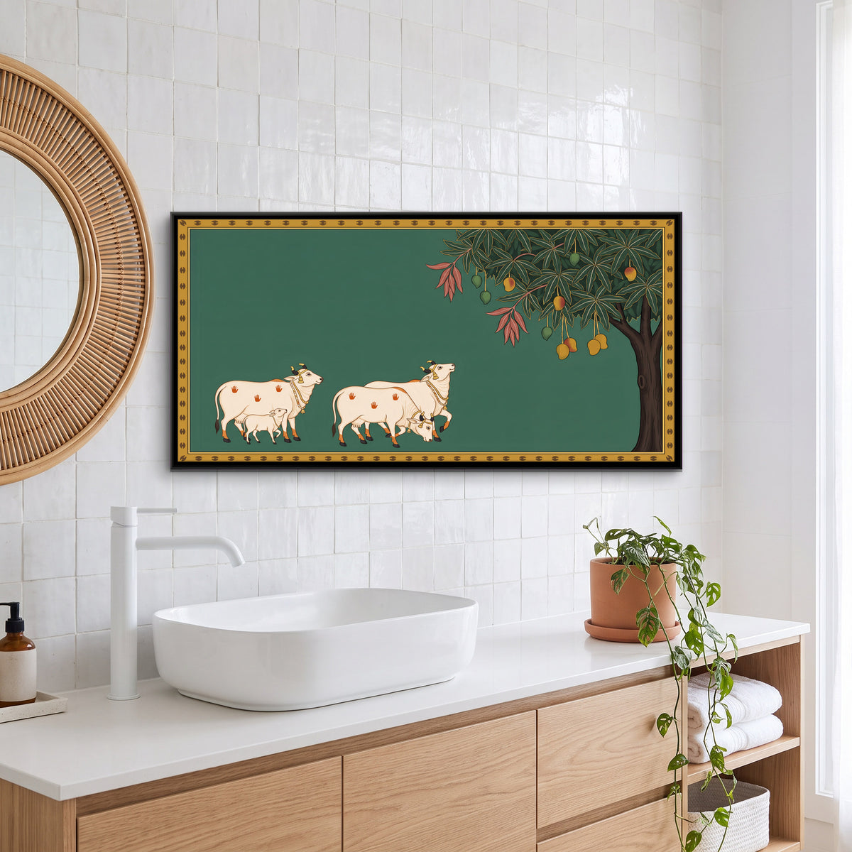 Cows Beside a Mango Tree - canvas art shown in a styled room
