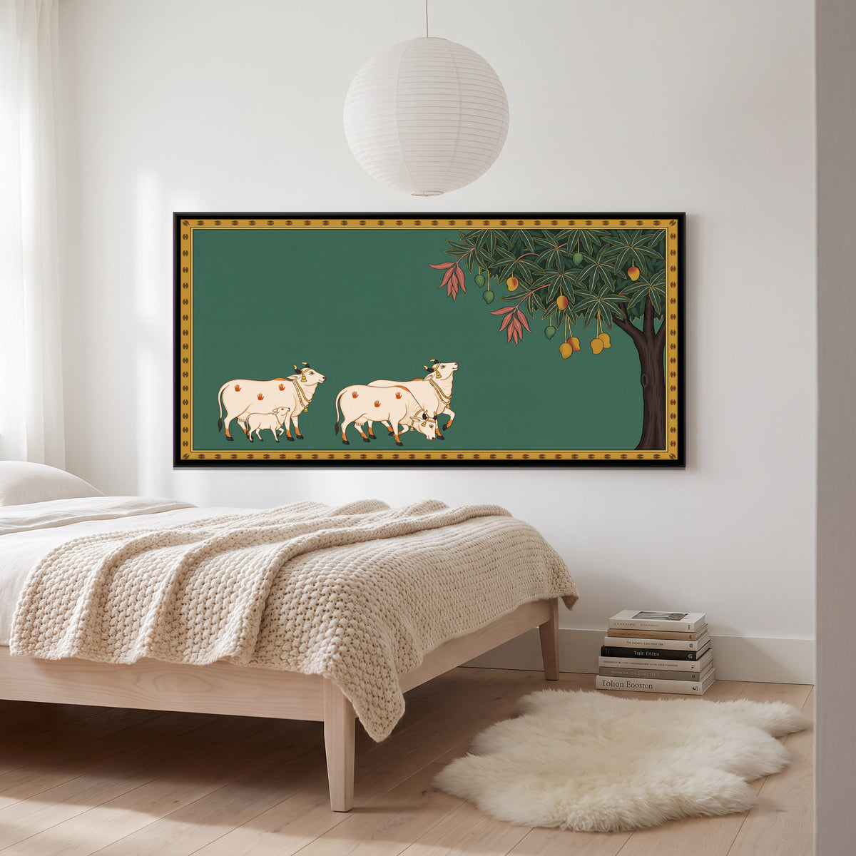 Cows Beside a Mango Tree - canvas art shown in a second room setting