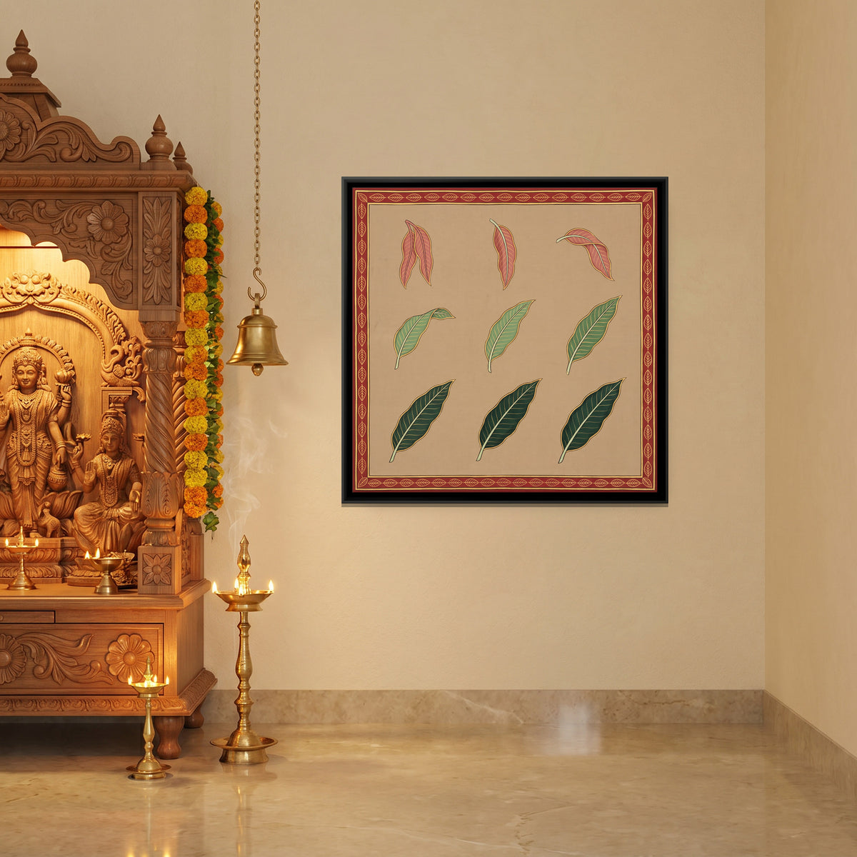 Mango Leaf Study - canvas art shown in a second room setting