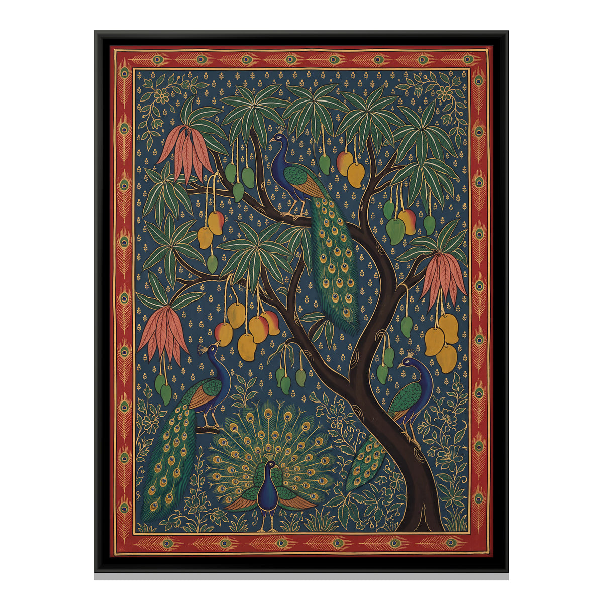 Peacocks in a Mango Tree - framed canvas print, front view