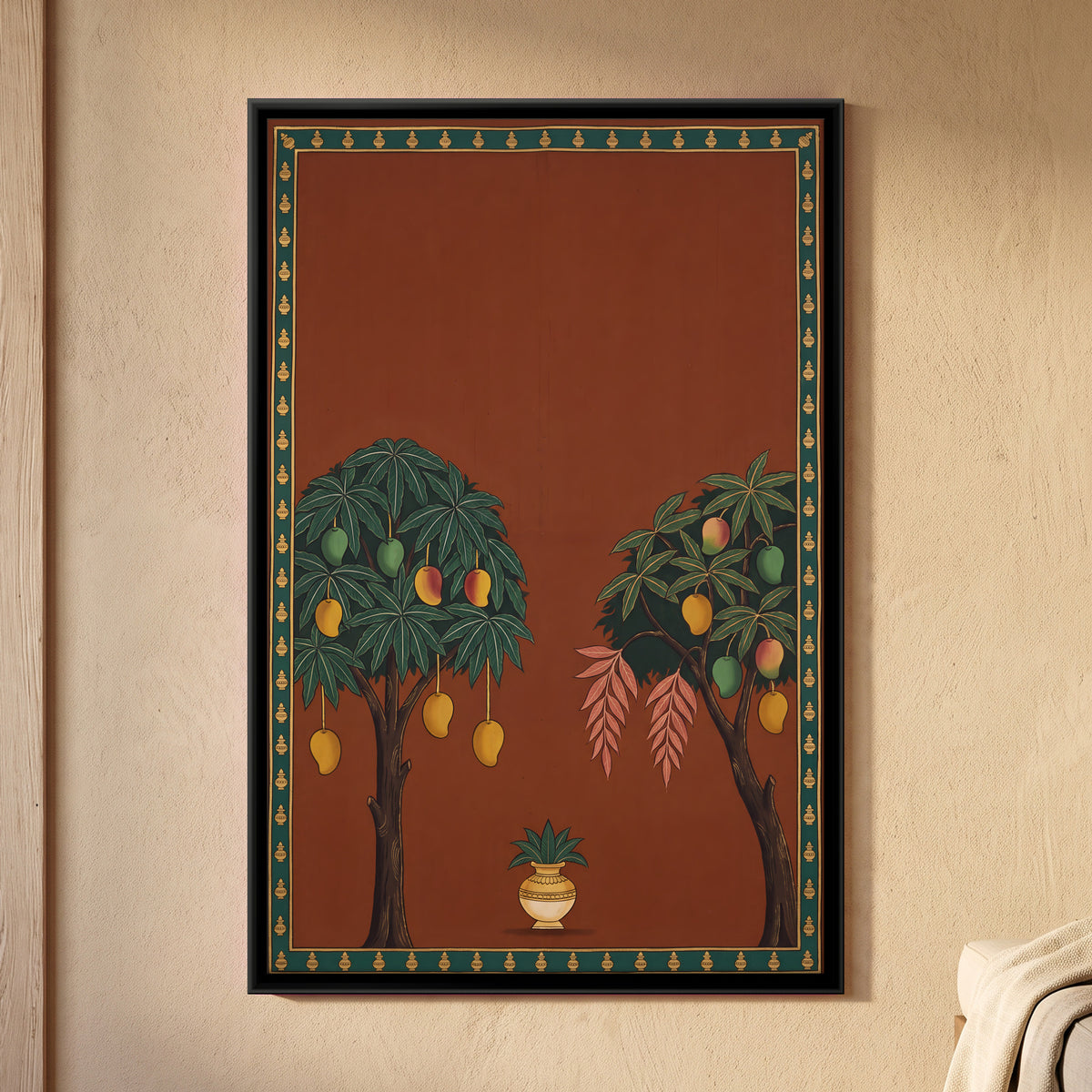 Two Mango Trees with Kalash - framed canvas art hung on a wall