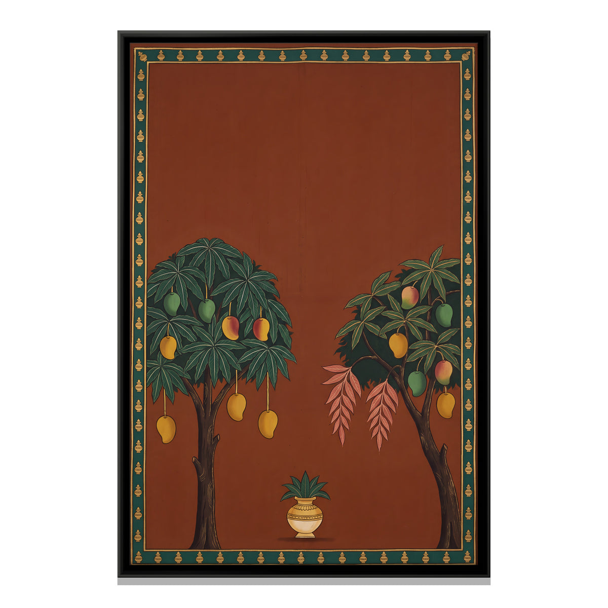 Two Mango Trees with Kalash - framed canvas print, front view