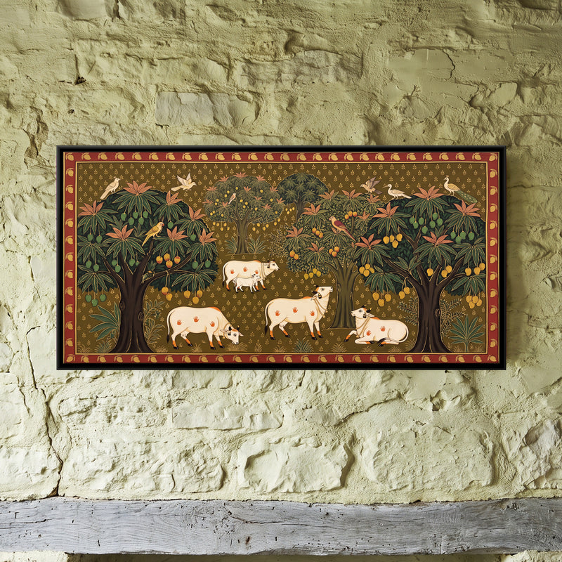 Cows in a Mango Orchard - framed canvas art hung on a wall