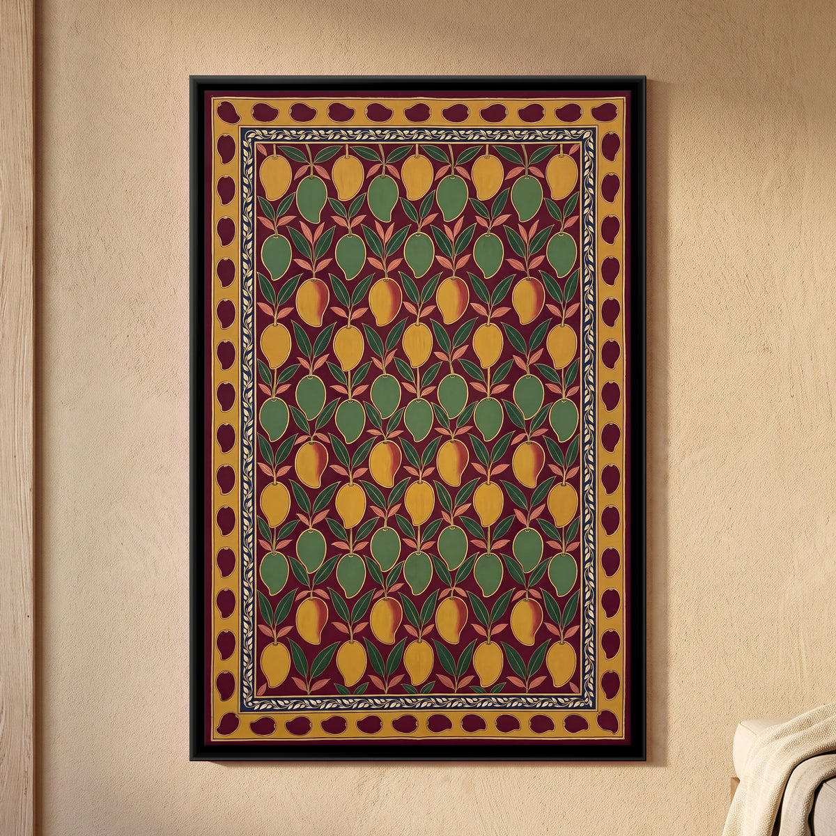 Mango and Leaf Pattern - framed canvas art hung on a wall