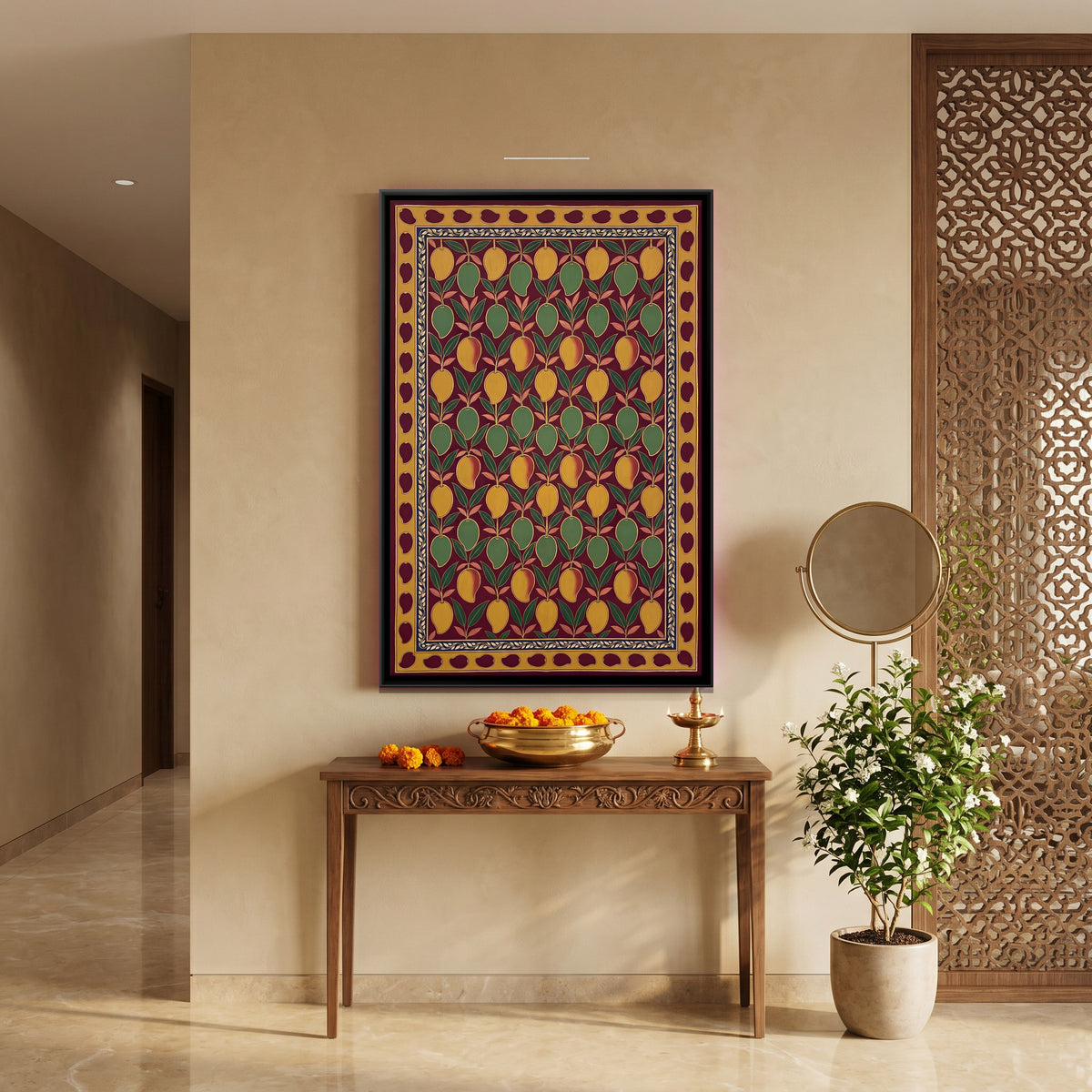 Mango and Leaf Pattern - canvas art shown in a second room setting