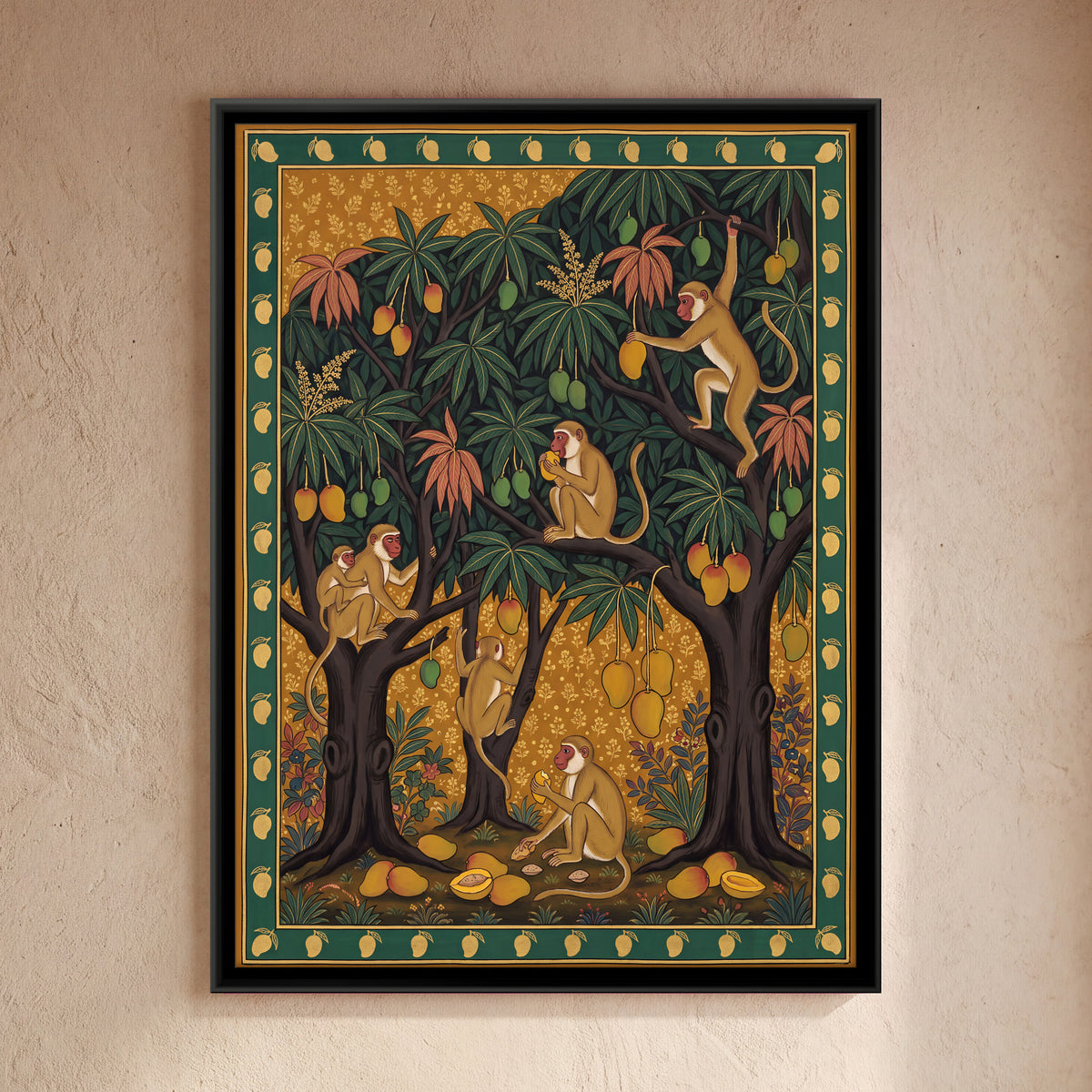Monkeys in the Mango Trees - framed canvas art hung on a wall