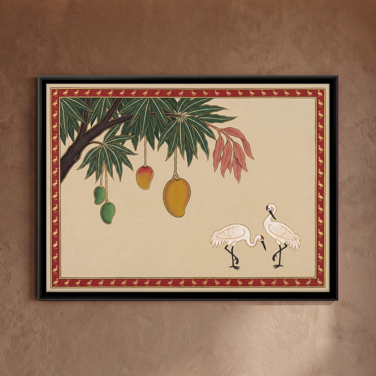Cranes Beneath a Mango Branch - framed canvas art hung on a wall