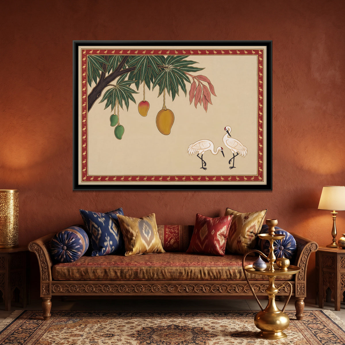 Cranes Beneath a Mango Branch - canvas art shown in a styled room