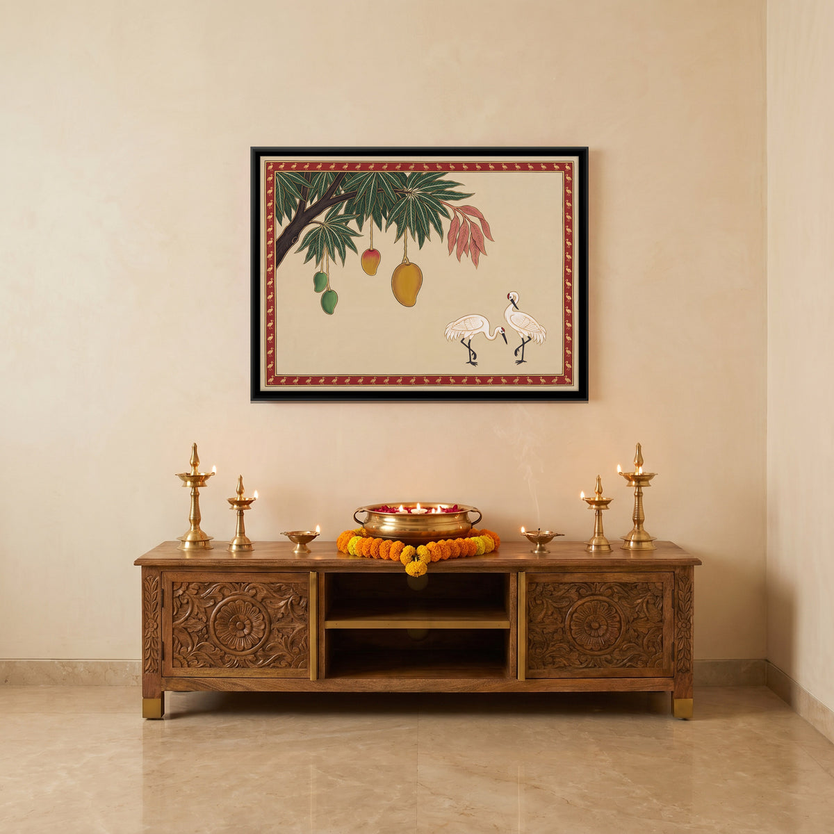 Cranes Beneath a Mango Branch - canvas art shown in a second room setting