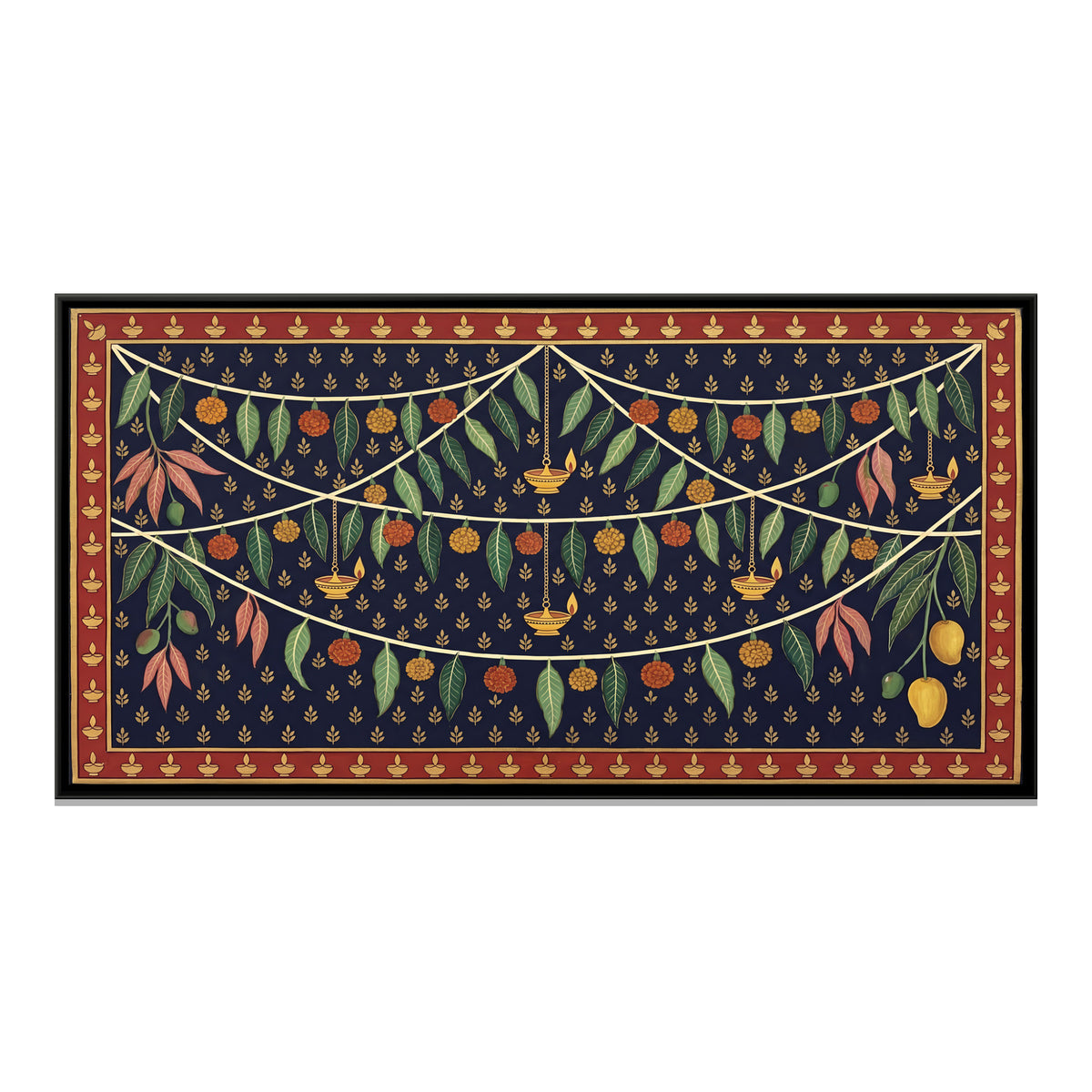 Mango Leaf Toran with Diyas - framed canvas print, front view
