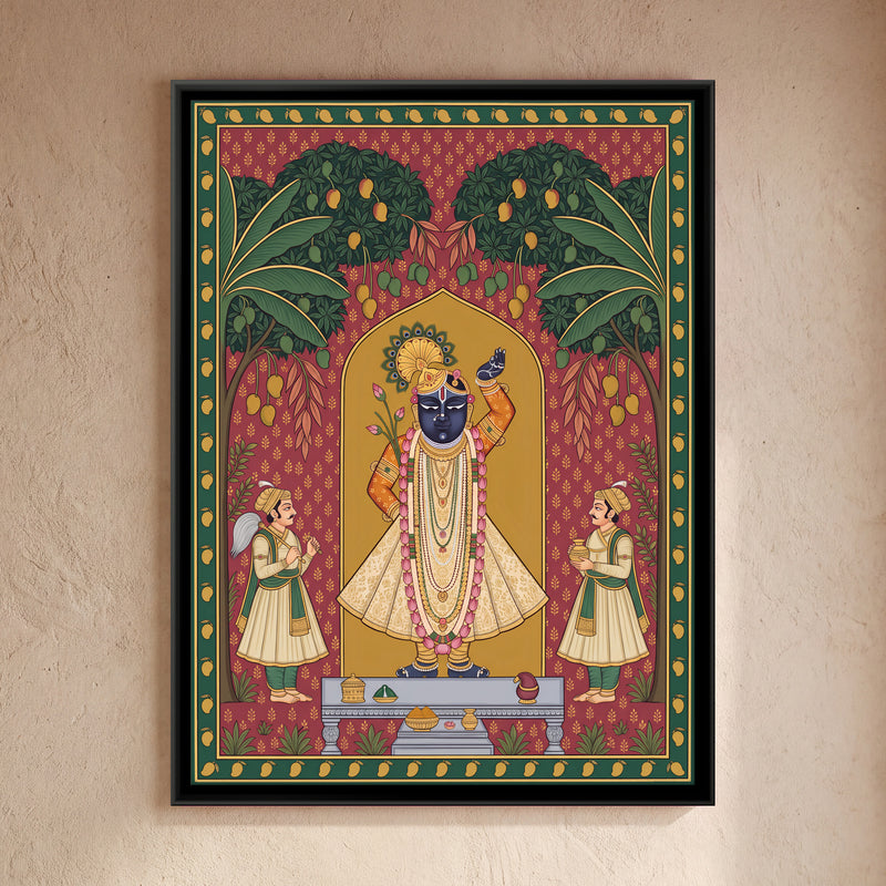 Shrinathji with Attendants Beneath Mango Trees - framed canvas art hung on a wall