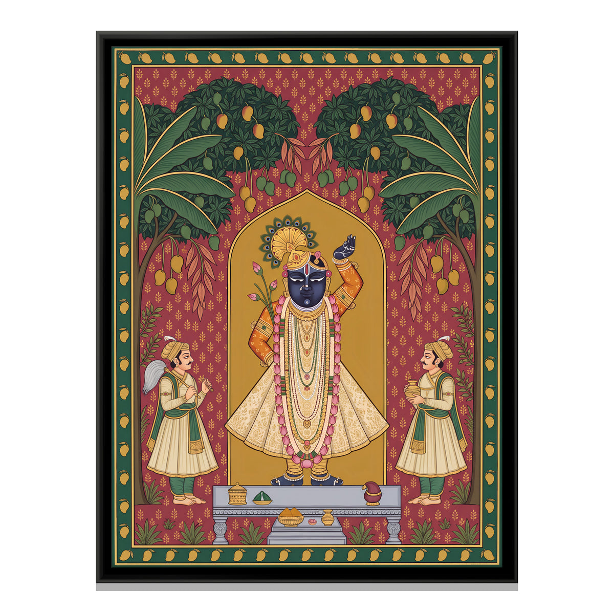 Shrinathji with Attendants Beneath Mango Trees - framed canvas print, front view