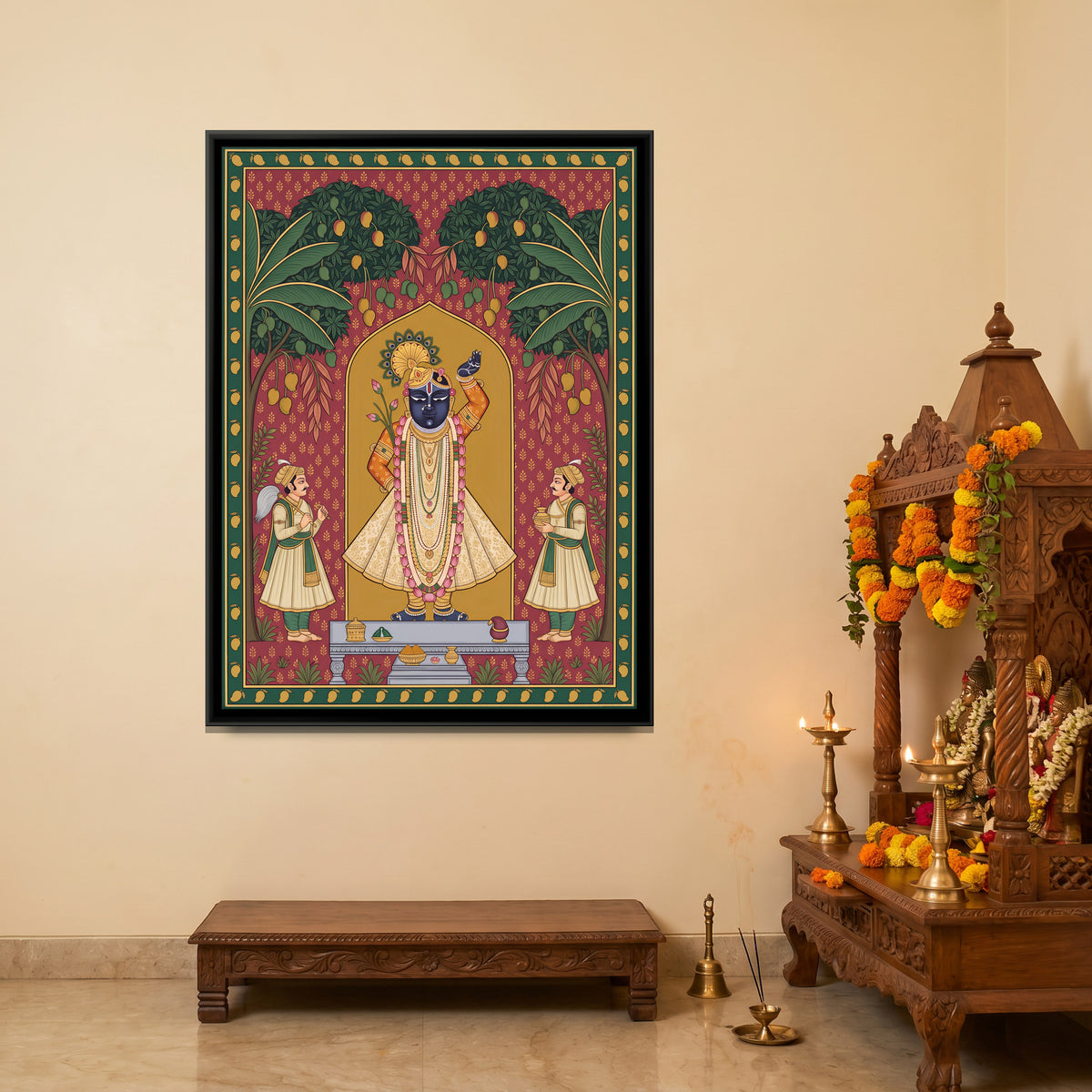 Shrinathji with Attendants Beneath Mango Trees - canvas art shown in a styled room