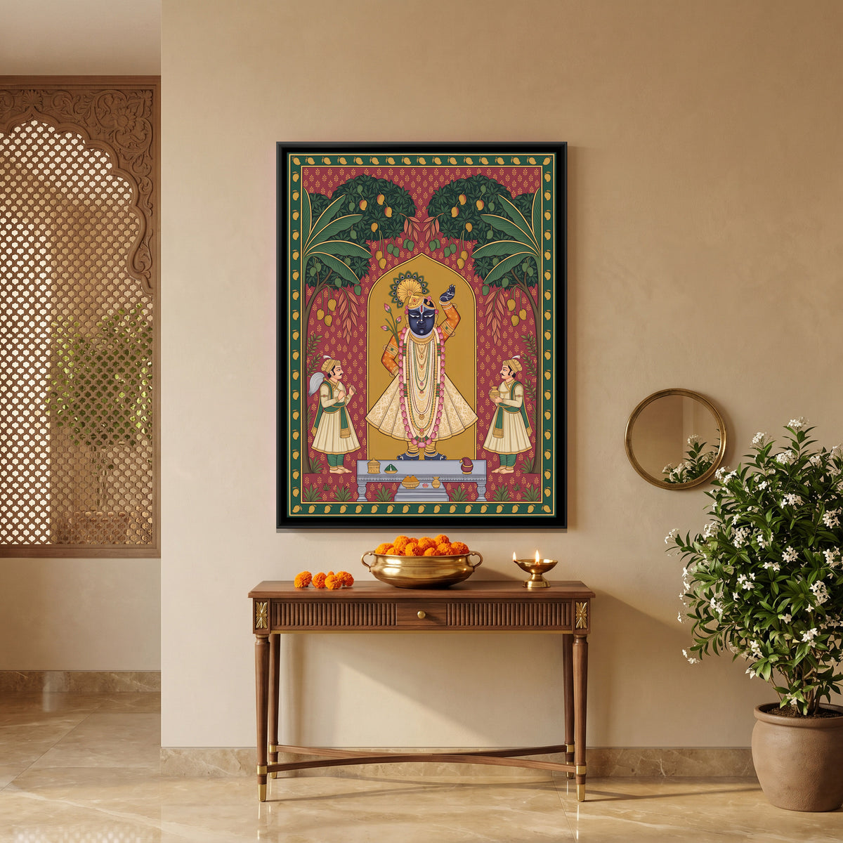 Shrinathji with Attendants Beneath Mango Trees - canvas art shown in a second room setting