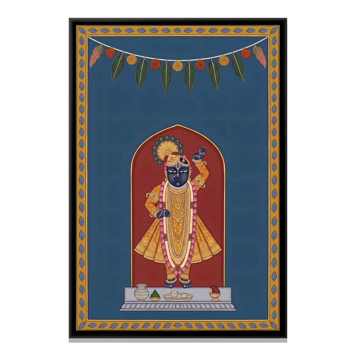 Shrinathji with Mango Leaf Toran - framed canvas print, front view