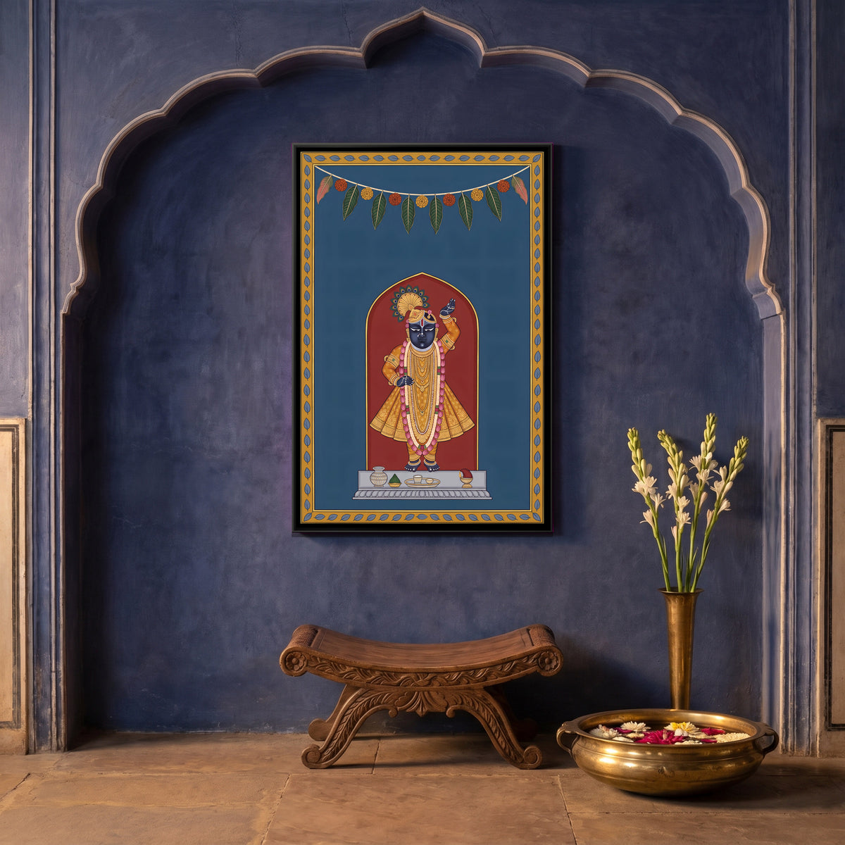 Shrinathji with Mango Leaf Toran - canvas art shown in a second room setting