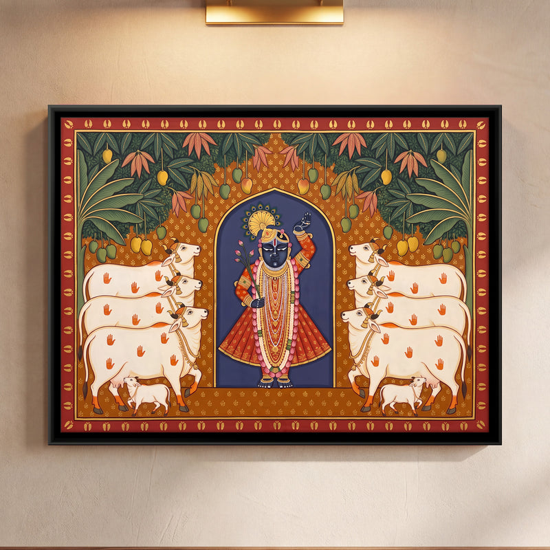Shrinathji with Cows - framed canvas art hung on a wall