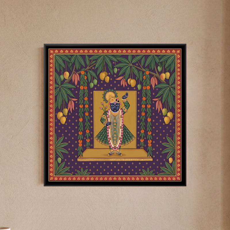 Shrinathji with Marigold Garlands - framed canvas art hung on a wall
