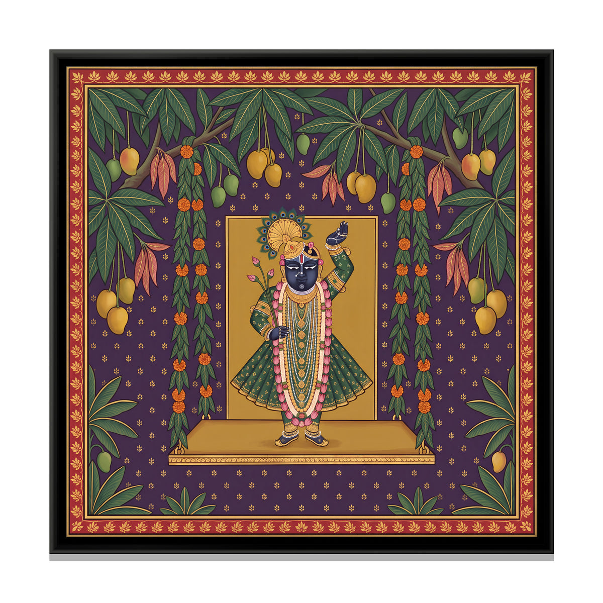 Shrinathji with Marigold Garlands - framed canvas print, front view