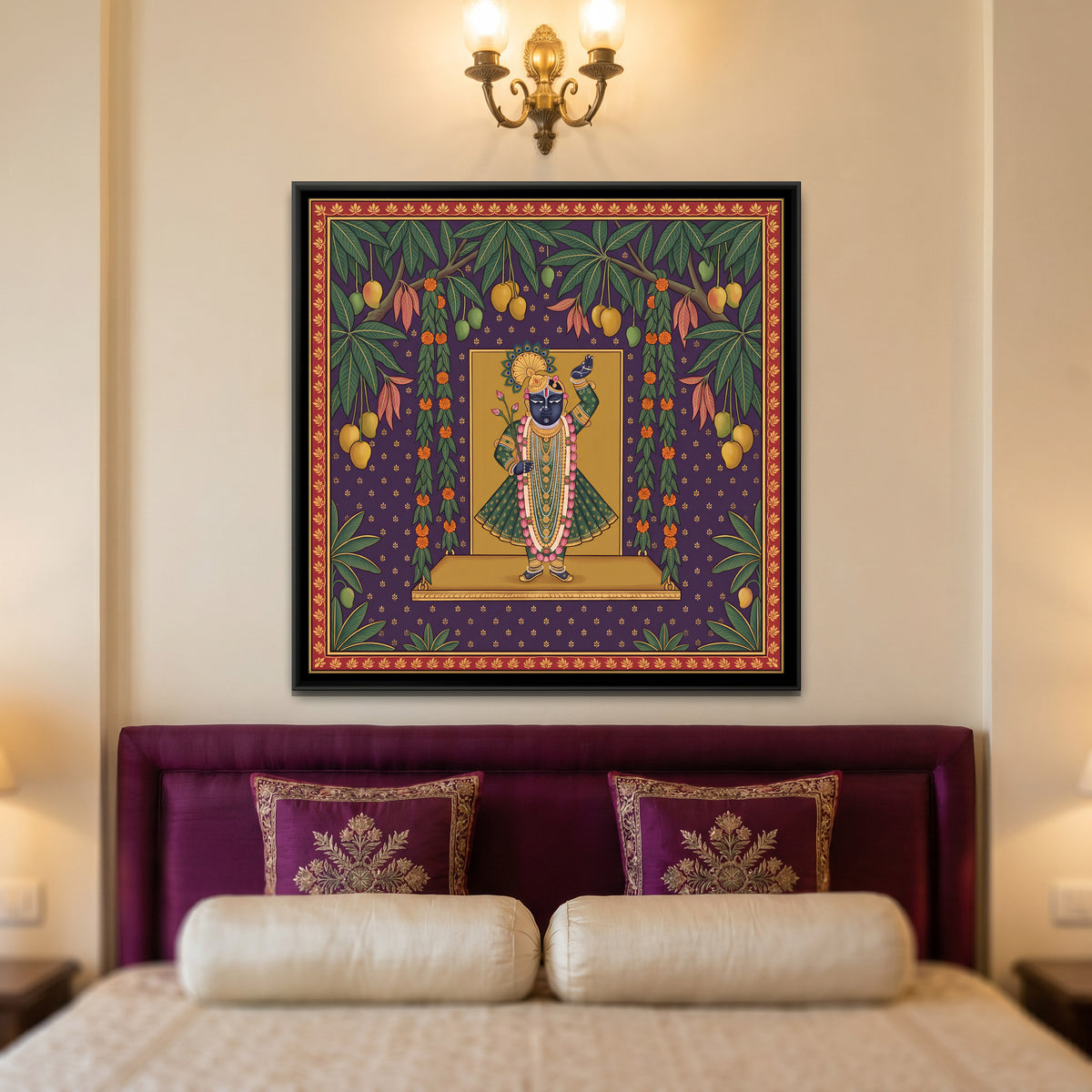 Shrinathji with Marigold Garlands - canvas art shown in a styled room