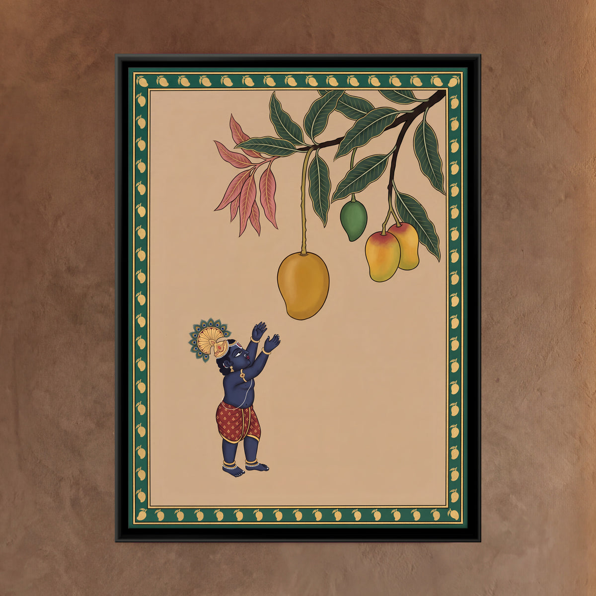 Bal Krishna Reaching for Mangoes - framed canvas art hung on a wall