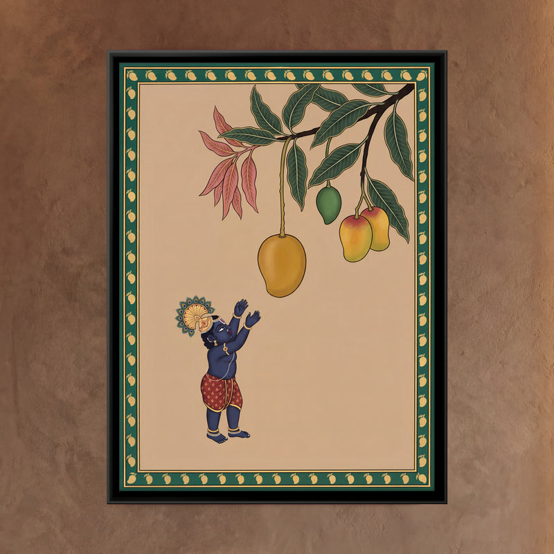 Bal Krishna Reaching for Mangoes - framed canvas art hung on a wall