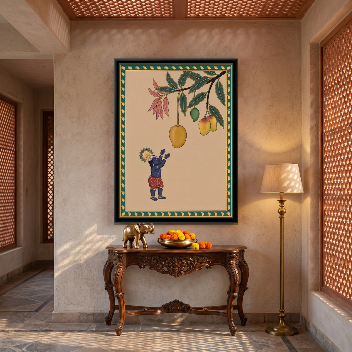 Bal Krishna Reaching for Mangoes - canvas art shown in a styled room