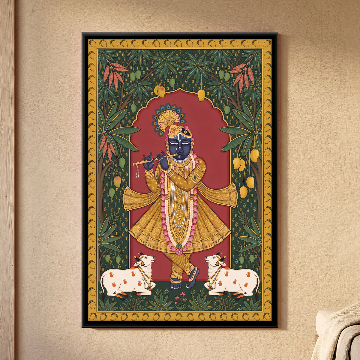 Krishna Playing the Flute with Cows - framed canvas art hung on a wall