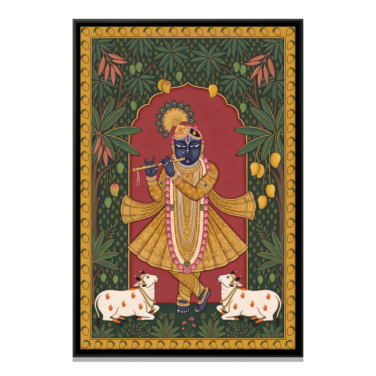 Krishna Playing the Flute with Cows - framed canvas print, front view