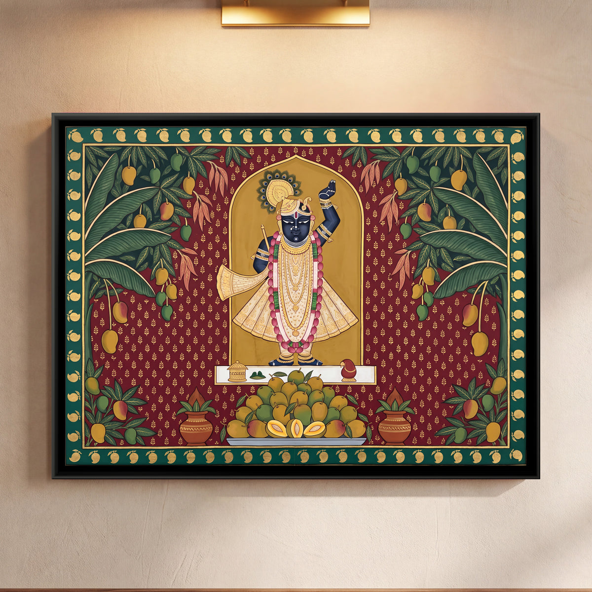 Shrinathji with a Mango Offering - framed canvas art hung on a wall