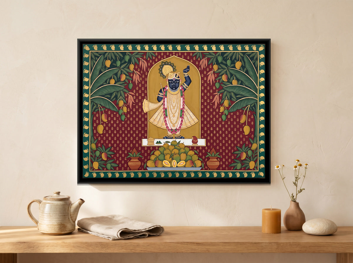 Shrinathji with a Mango Offering - canvas art shown in a second room setting