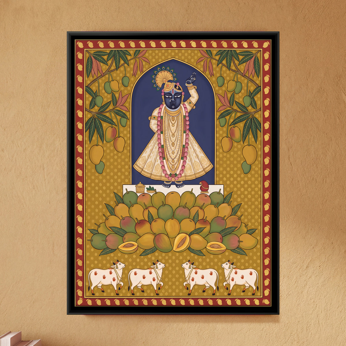 Shrinathji at the Mango Annakut - framed canvas art hung on a wall