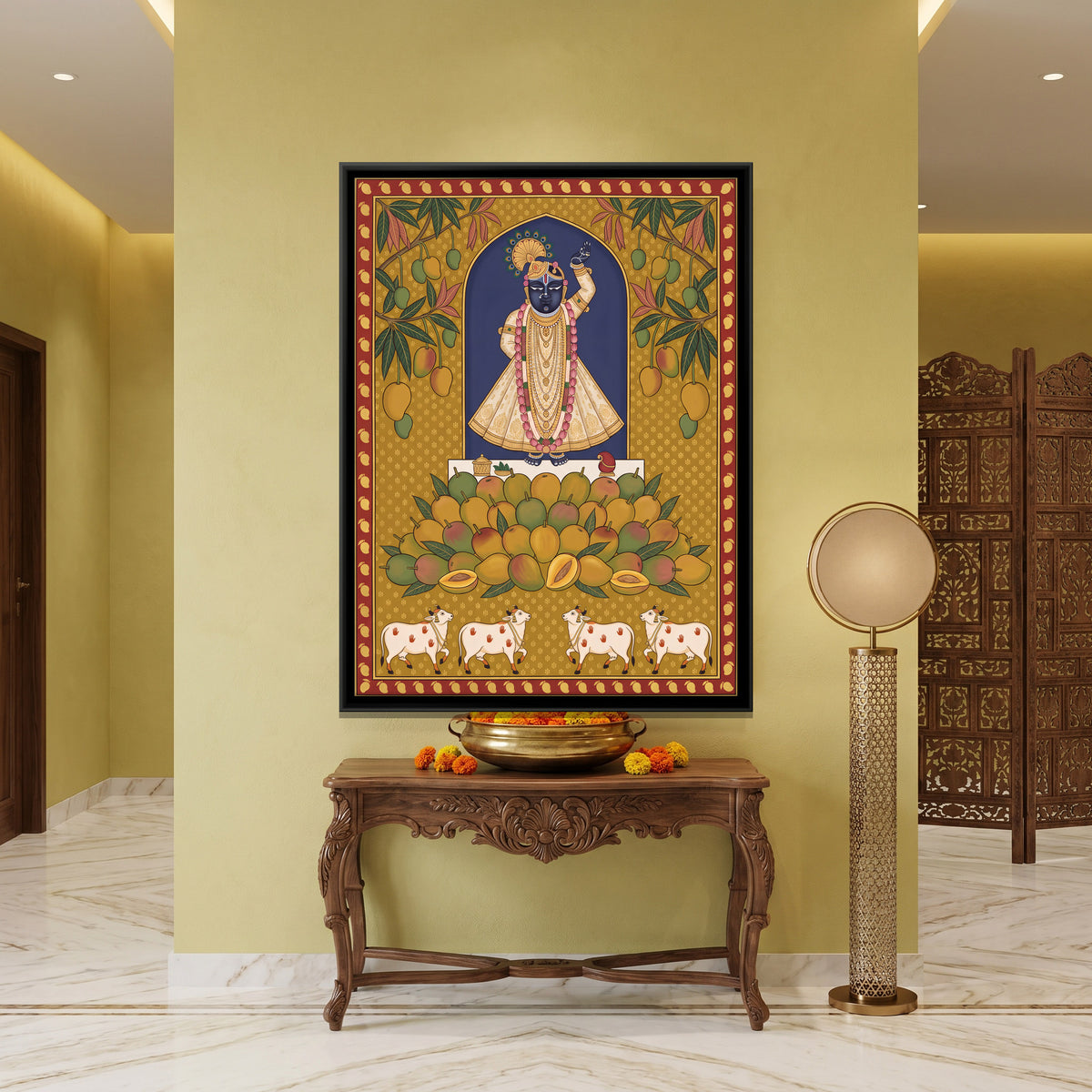 Shrinathji at the Mango Annakut - canvas art shown in a second room setting