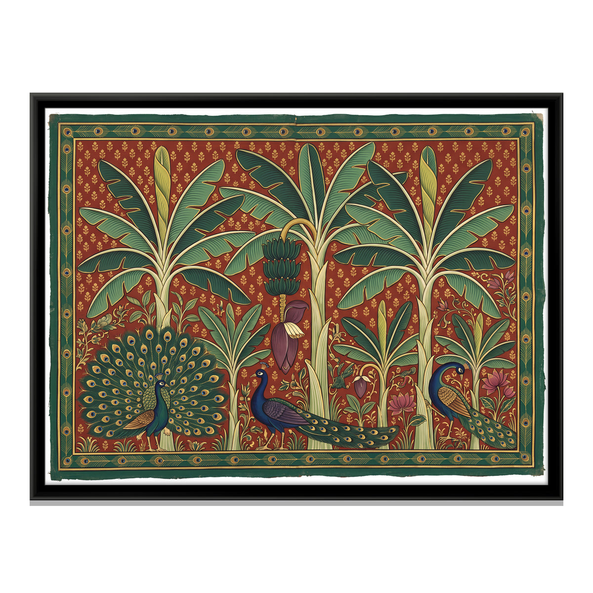 Peacocks in a Banana Grove - framed canvas print, front view